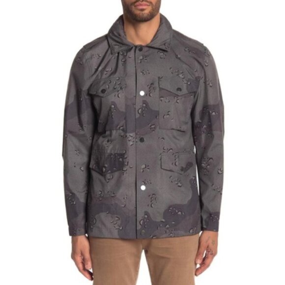7 For All Mankind Mens Gray Camo Hooded Button Front Light Army Jacket Sz L New - Picture 4 of 9